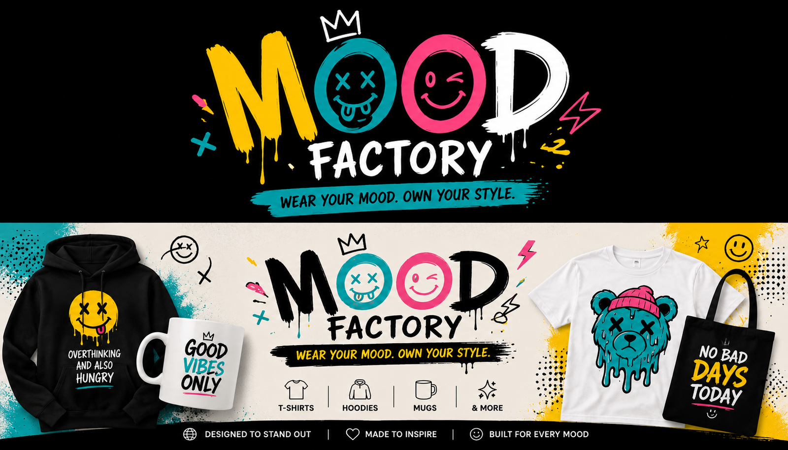 MoodFactory product banner — hoodies, tees, mugs and totes